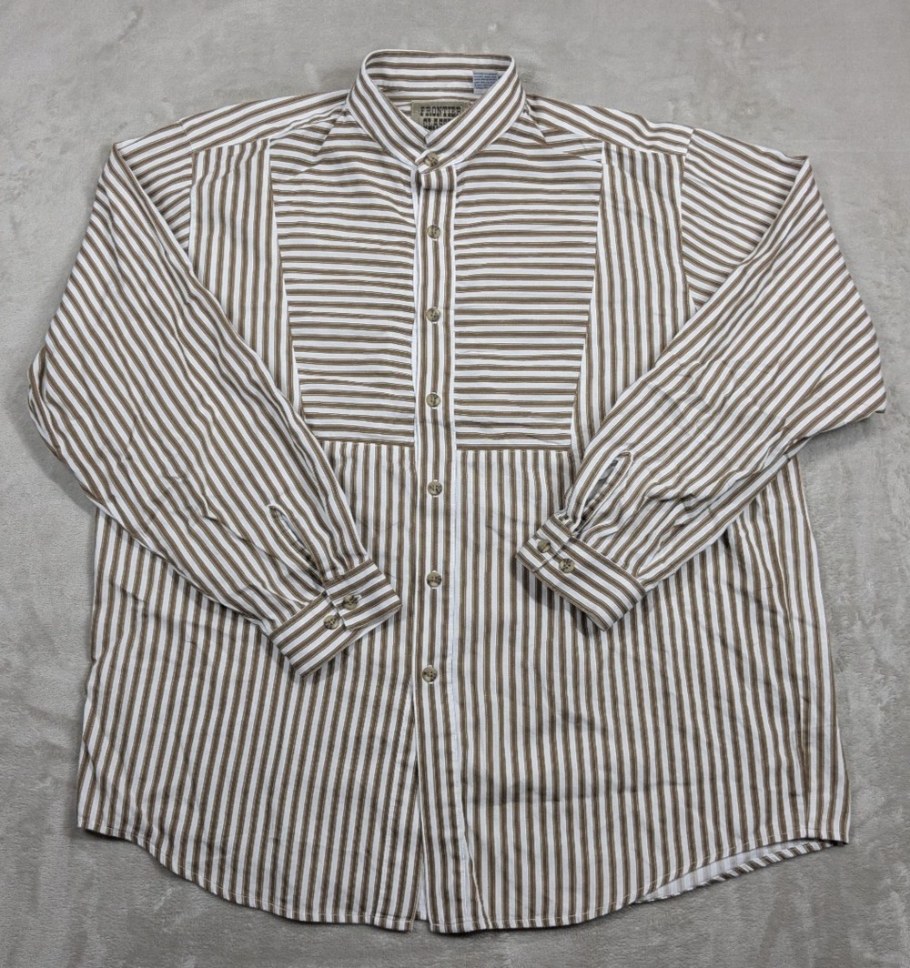 Frontier Classics Mens Large Brown White Striped Grandfather Band Collar Shirt